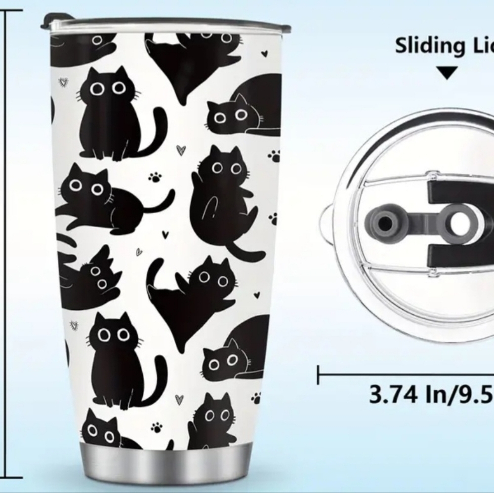Stainless Steel 20oz Cat Insulated Tumbler With Sliding Lid And Straw. New